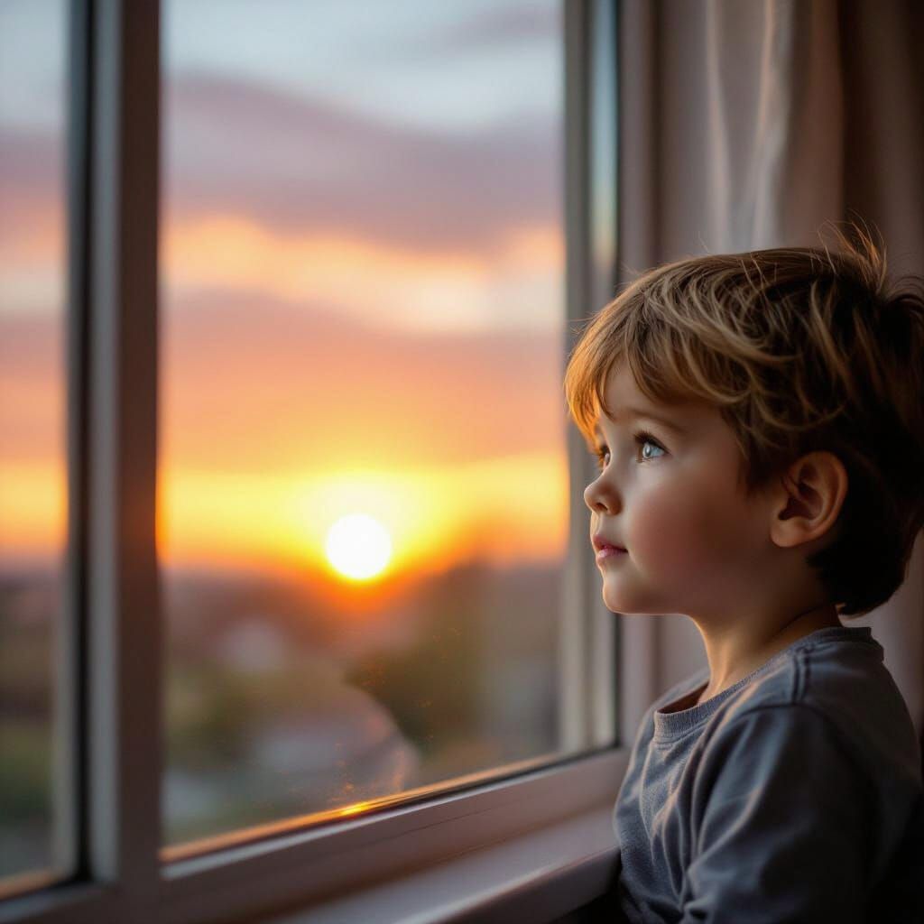 Boy Gazes at Sunrise Through Window