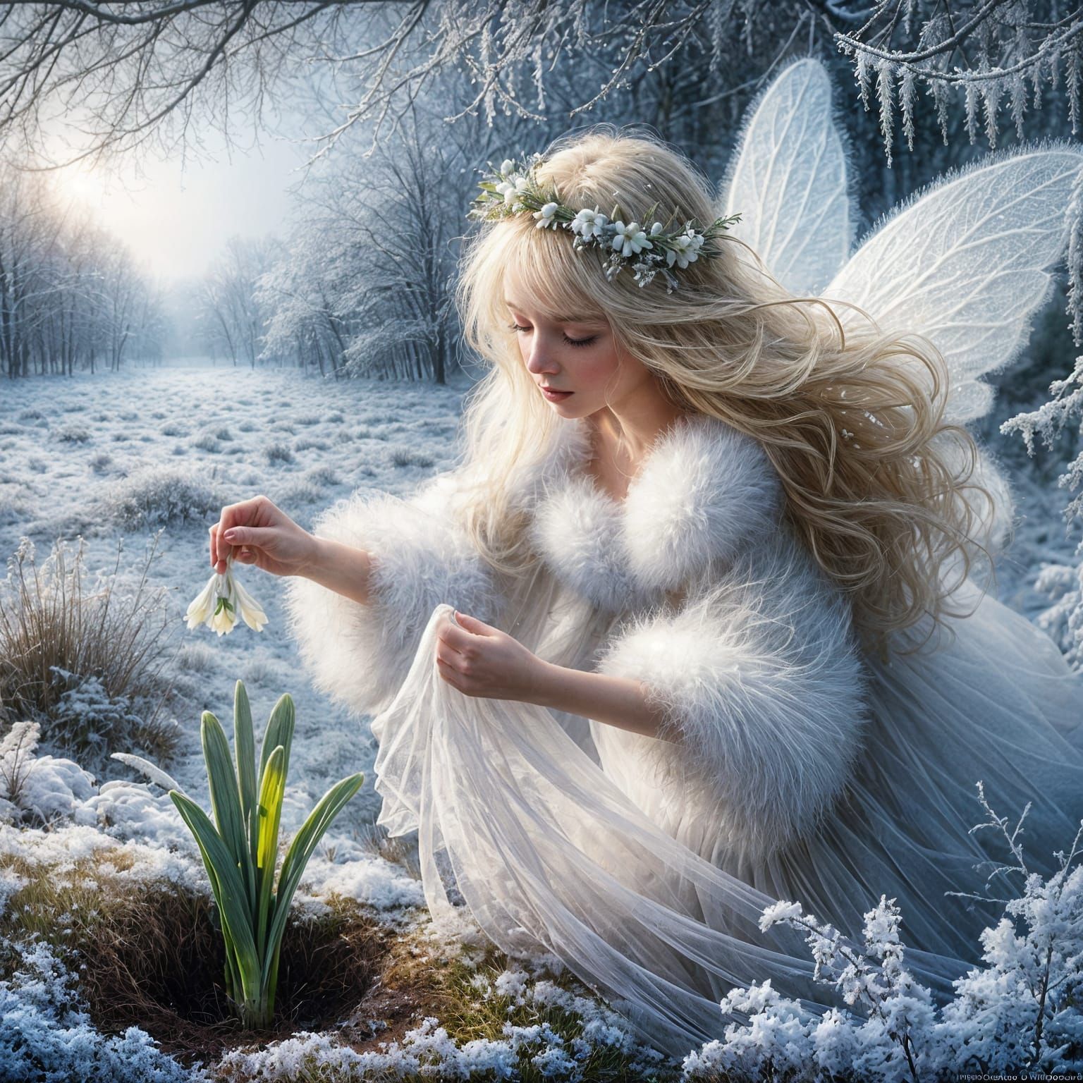 Snowdrop Fairy Unveiling Winter's Secret: Oil Painting