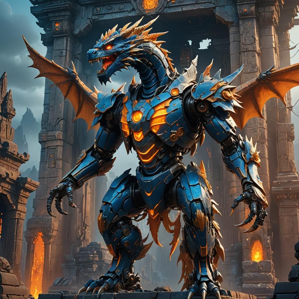 Robot Dragon on Ruined Temple: Hyper-Realistic Concept Art