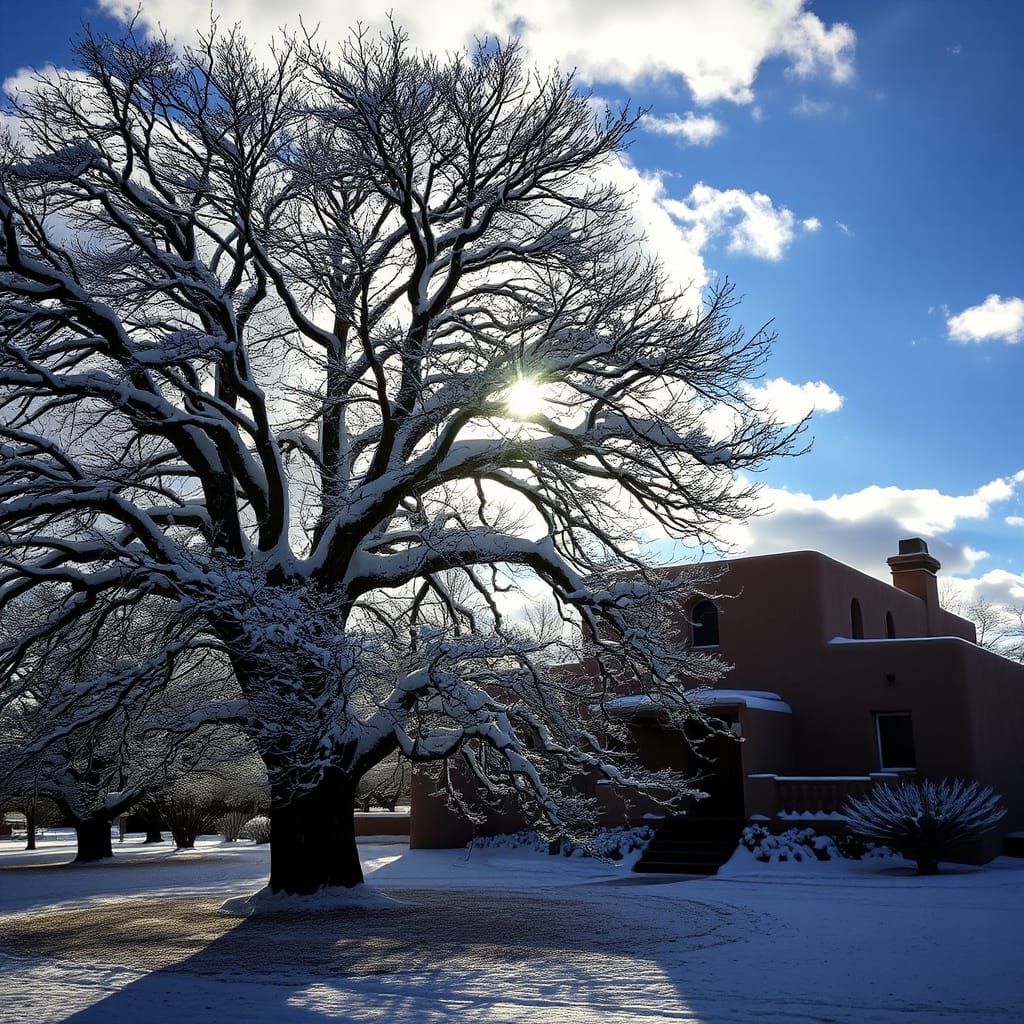 Winter Snowfall in Santa Fe Pueblo Home