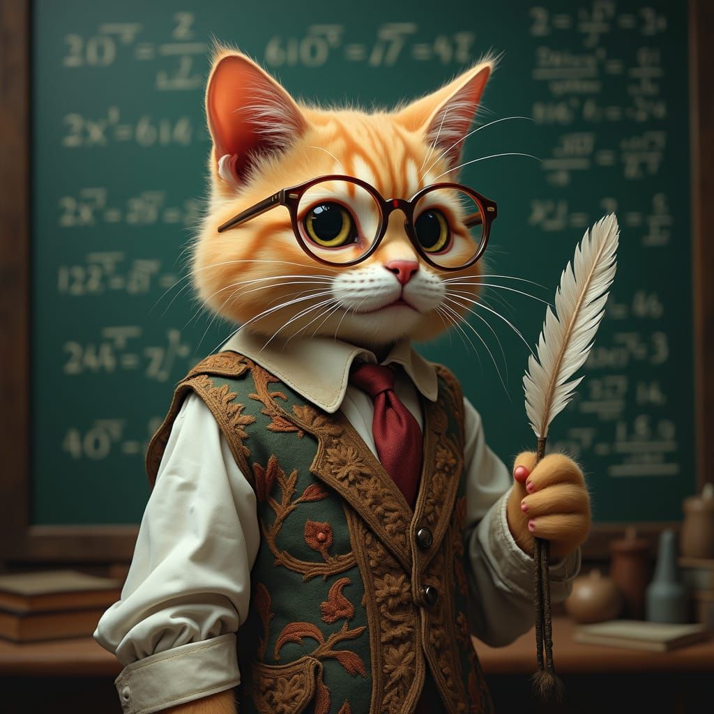 Whimsical Feline Scholar in Ancient Text Waistcoat