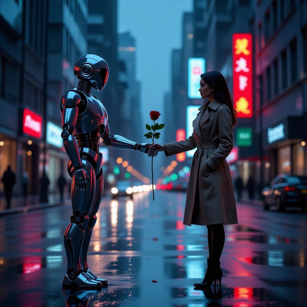 Chrome Robot Offers Rose to Woman in Neon Cityscape