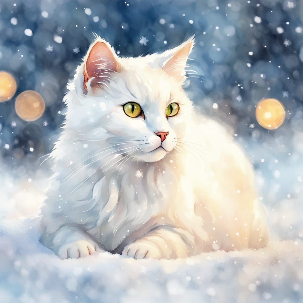 Watercolor White Cat in Snowy Winter Wonderland