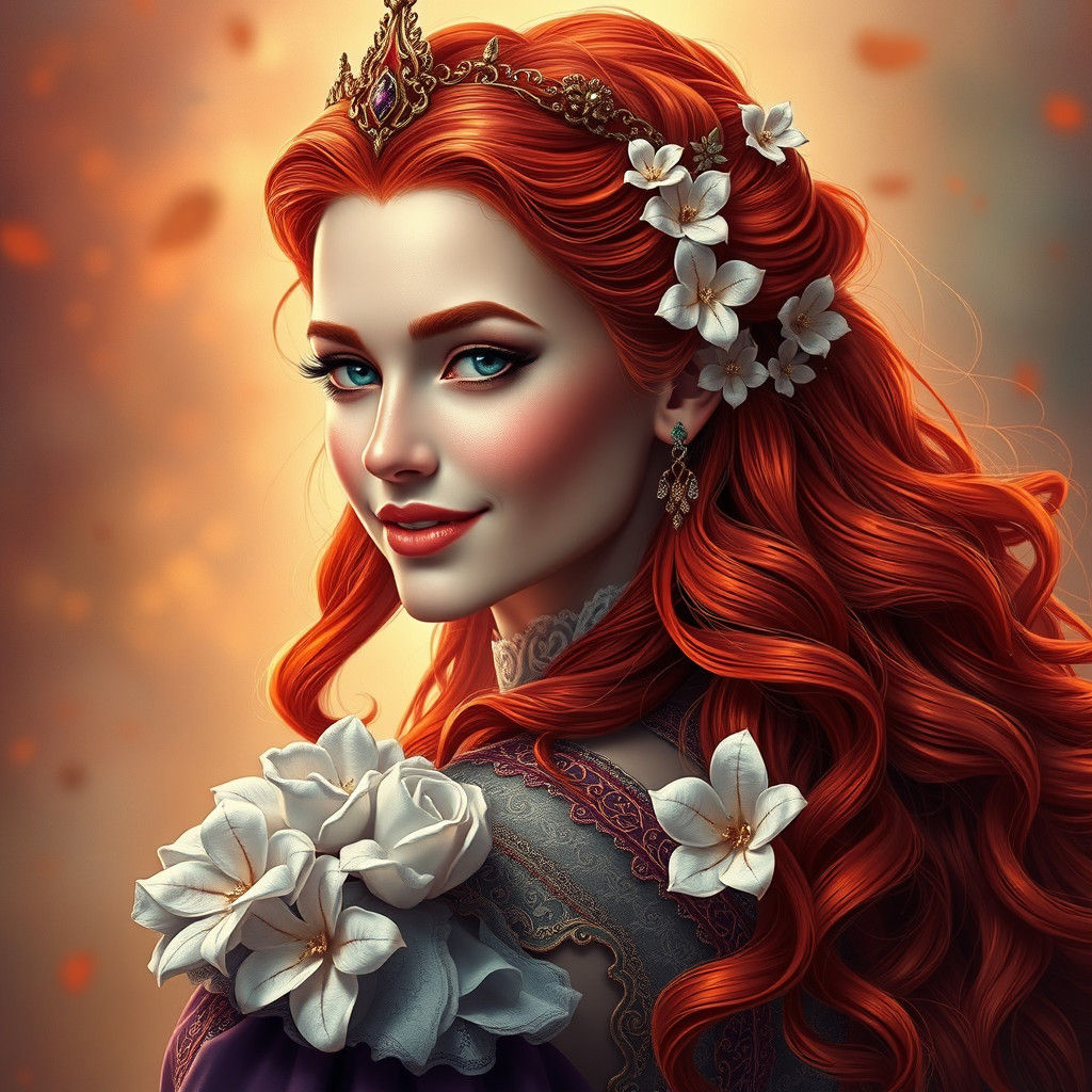 Hyper-Realistic Queen with Flowing Red Hair