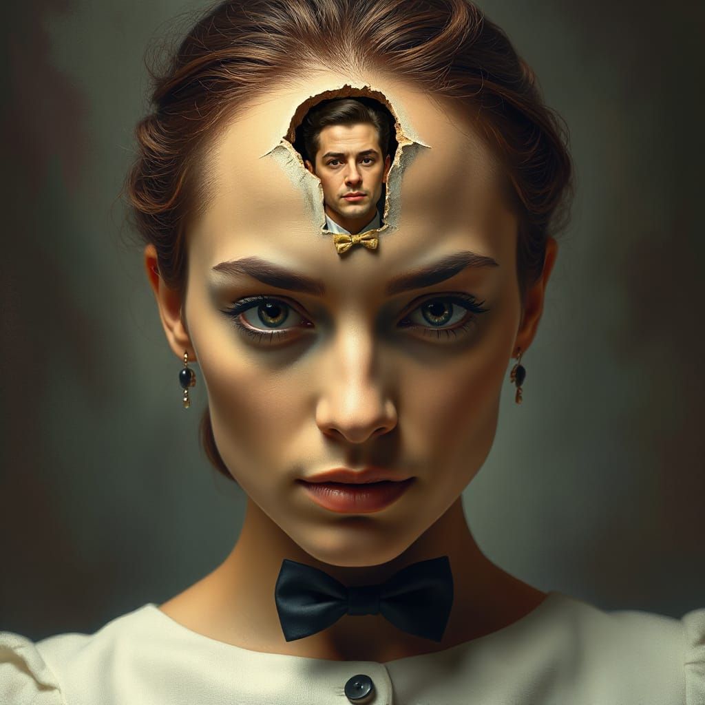 Surreal Woman Emerges Dapper Man From Head Hole