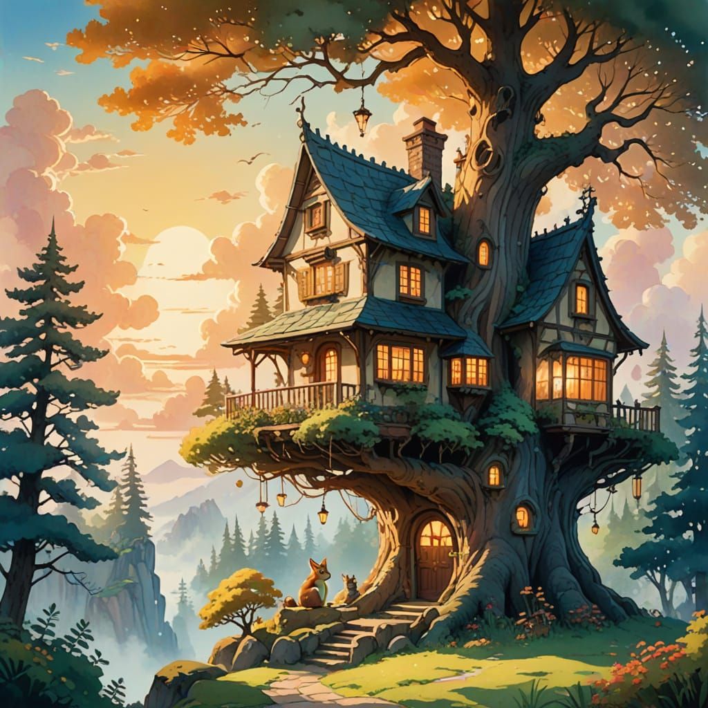 Enchanted Treehouse Amidst Cloudy Skies