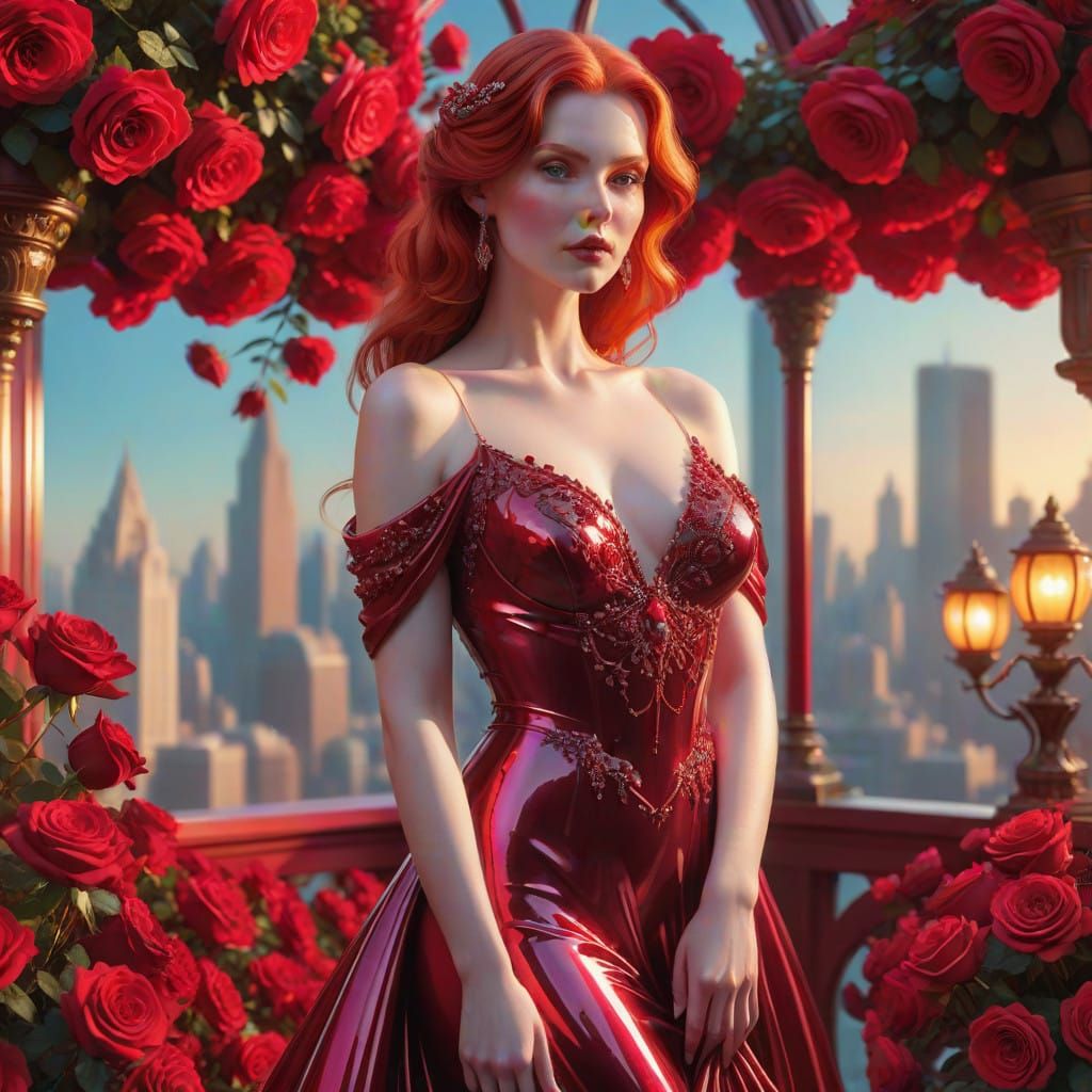 Whimsical, Scarlet-Hairsted Goddess Amidst Vibrant, Dreamlik...
