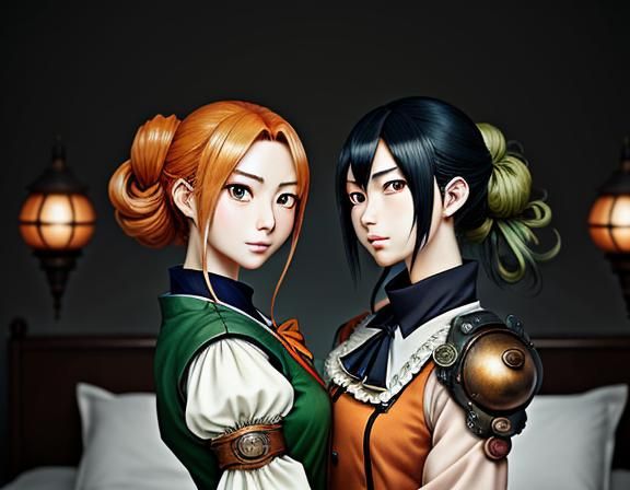 Kemono Twin Sisters Kiss in Steampunk Manga Style