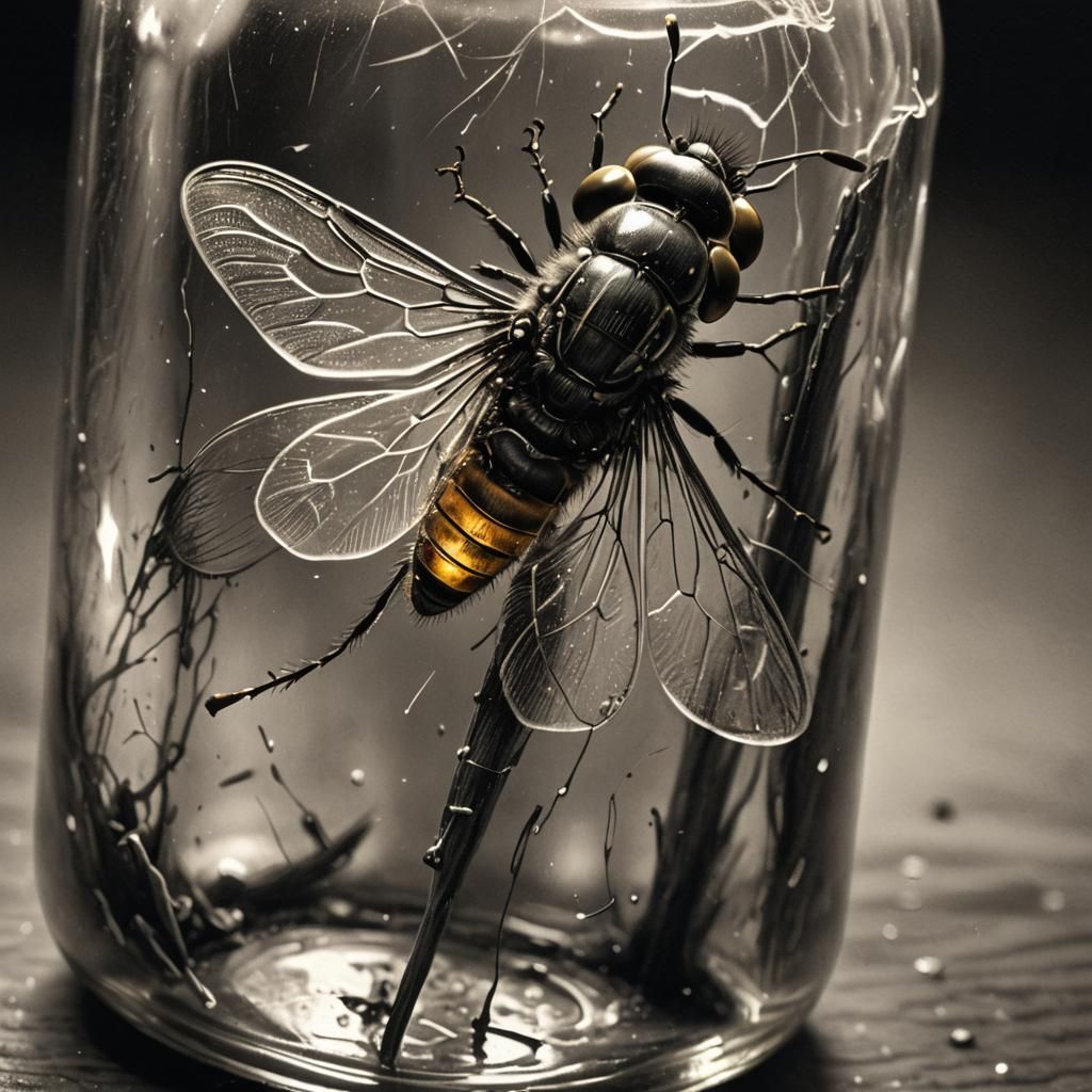 Fireflies in Glass Bottle: Charcoal Drawing
