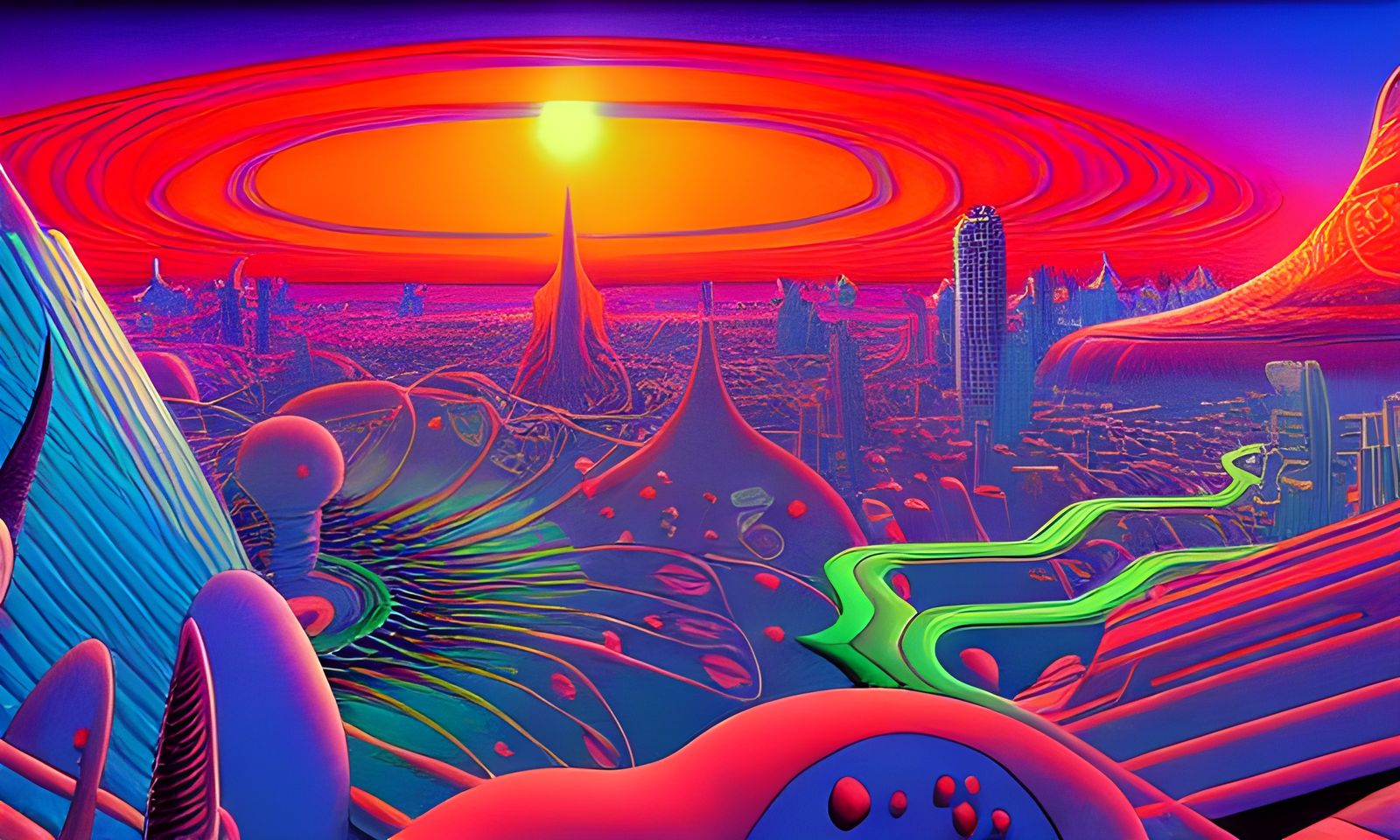 Psychedelic City Painting in Moebius Style