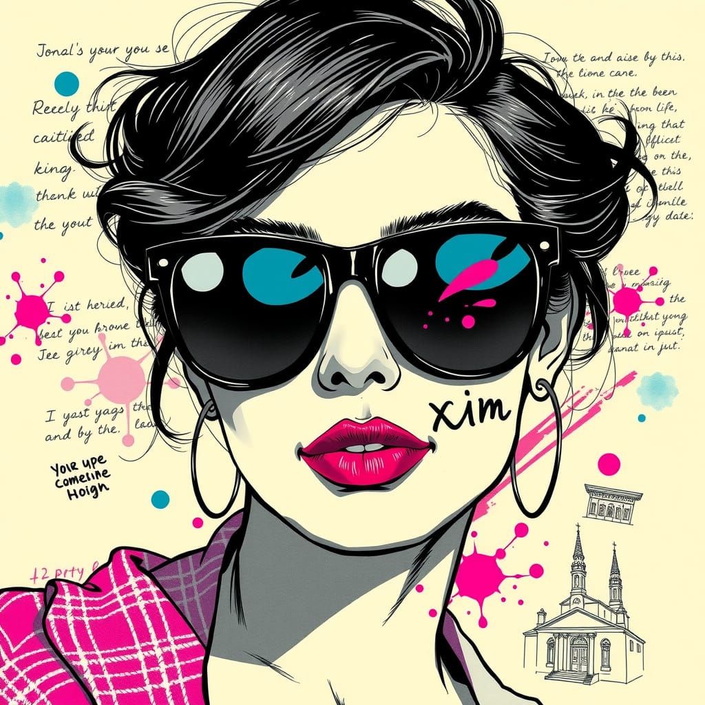 Woman in Mirrored Sunglasses: Vibrant Riso Print Art