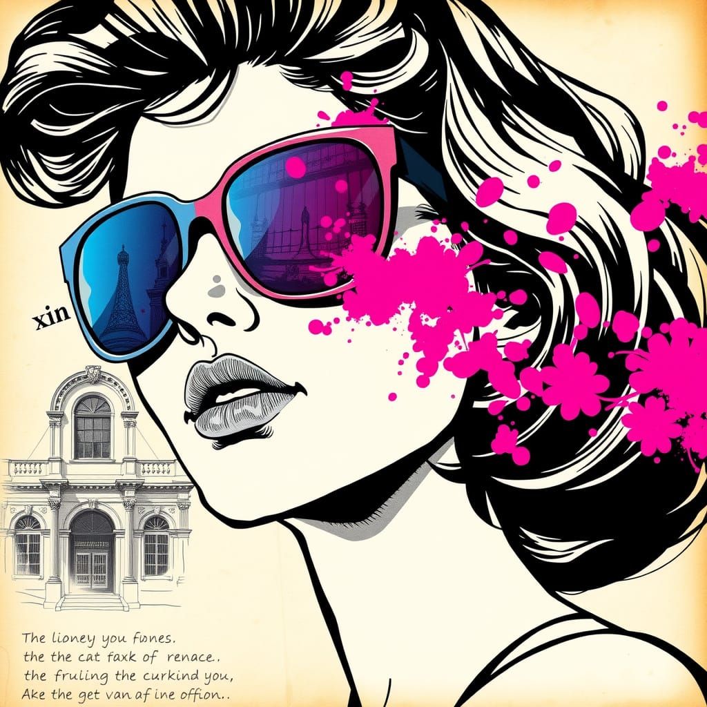 Woman in Mirrored Sunglasses: Halftone Riso Print