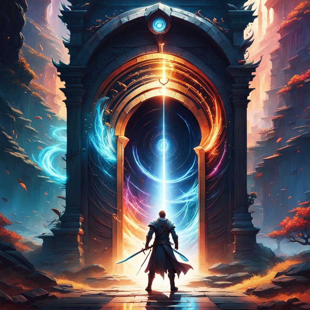 Warrior at Portal in Cel-Shaded Anime Style