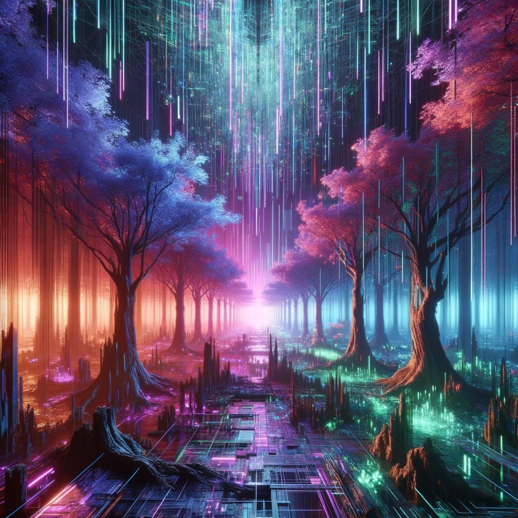 Glitchcore Forest: Digital Data Streams in Cyberpunk Scene