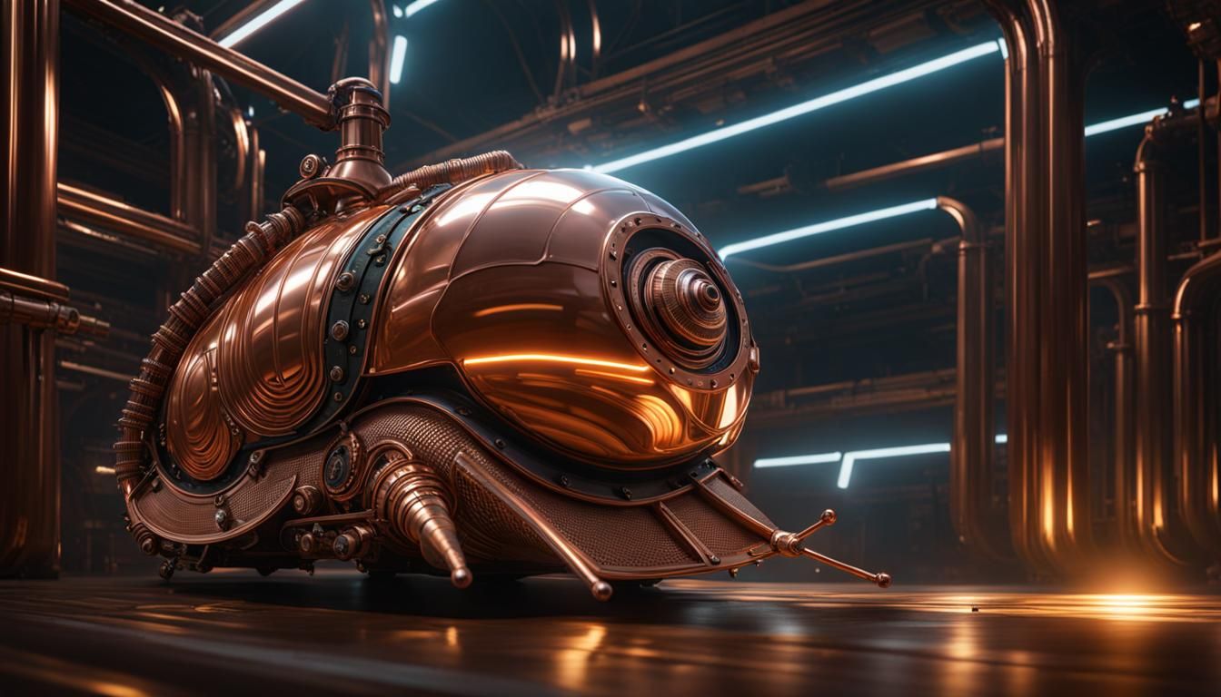 Dieselpunk Copper Snail in Tube, 8K Resolution
