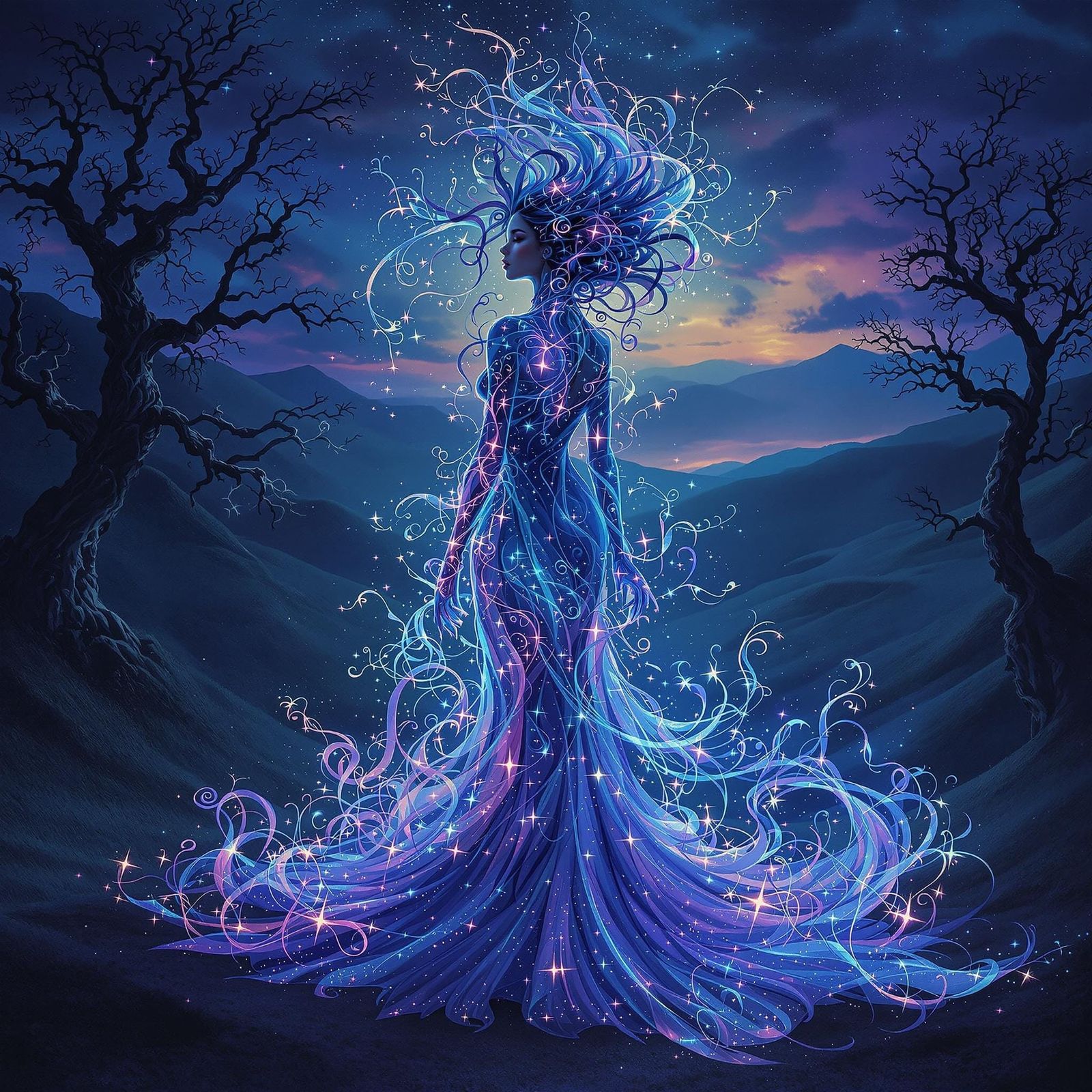 Ethereal Mist Woman in Dreamlike Landscape