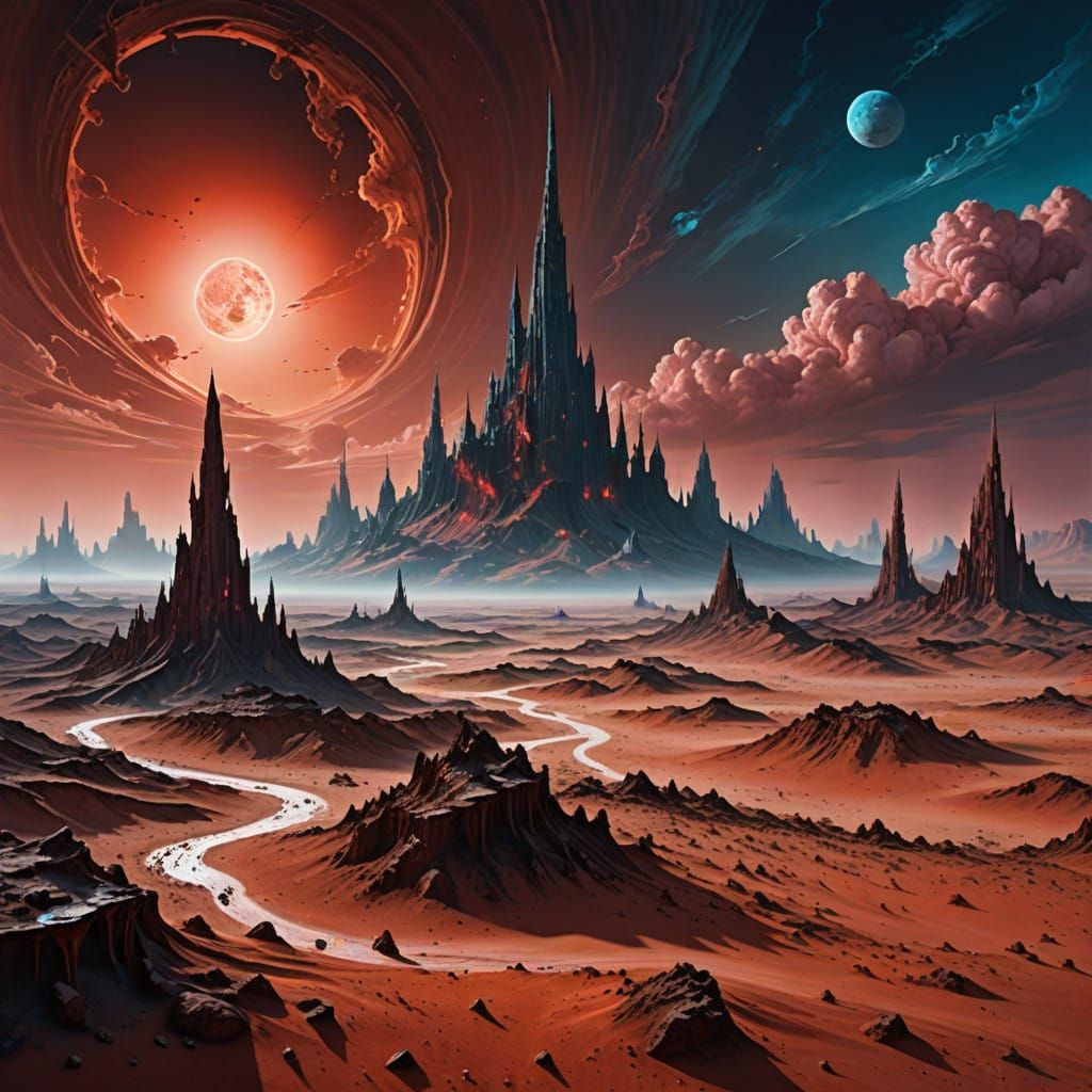 Surrealist Martian Landscape with Melting Clocks and Dunes