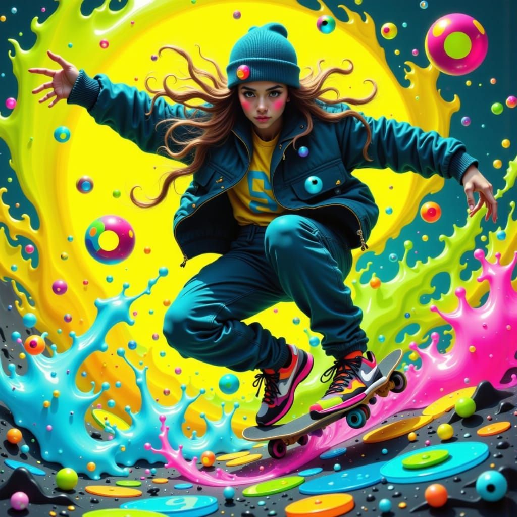 Skater in Mid-Air with Neon Checkered Background