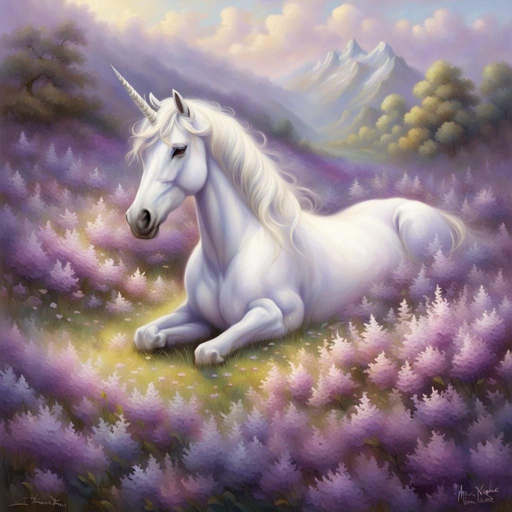 White Unicorn in Purple Flower Field: Kinkade Style