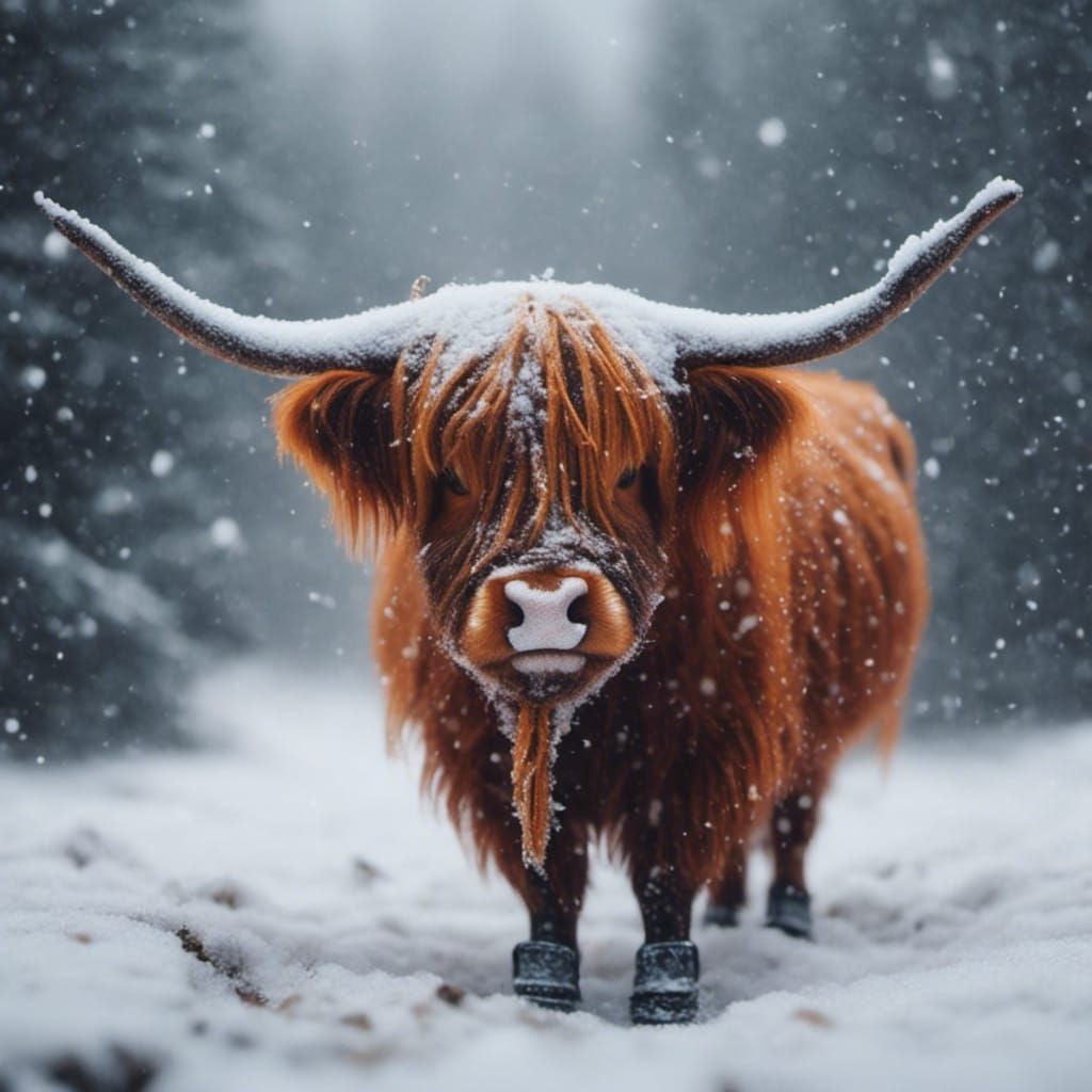 Highland Cow with Socks in Winter Snow