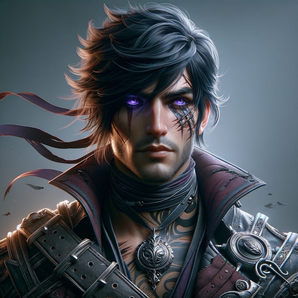 Mysterious Warrior in Deep Purple Hues and Leather Armor
