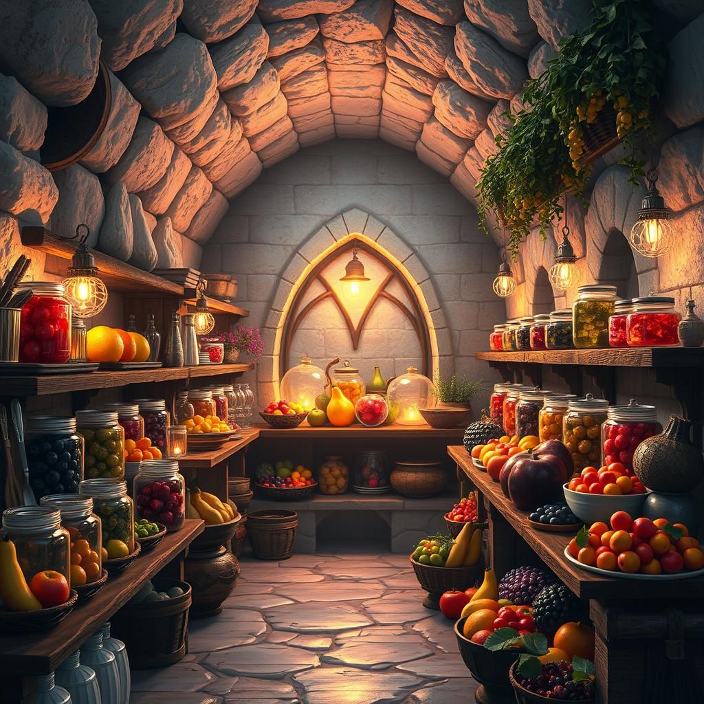 Mystical Food Cellar with Glistening Fruits