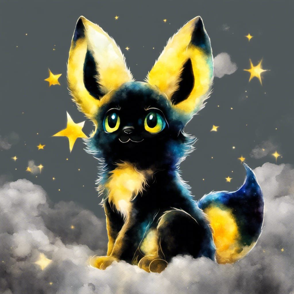 Watercolor Umbreon with Crescent Moon in Space