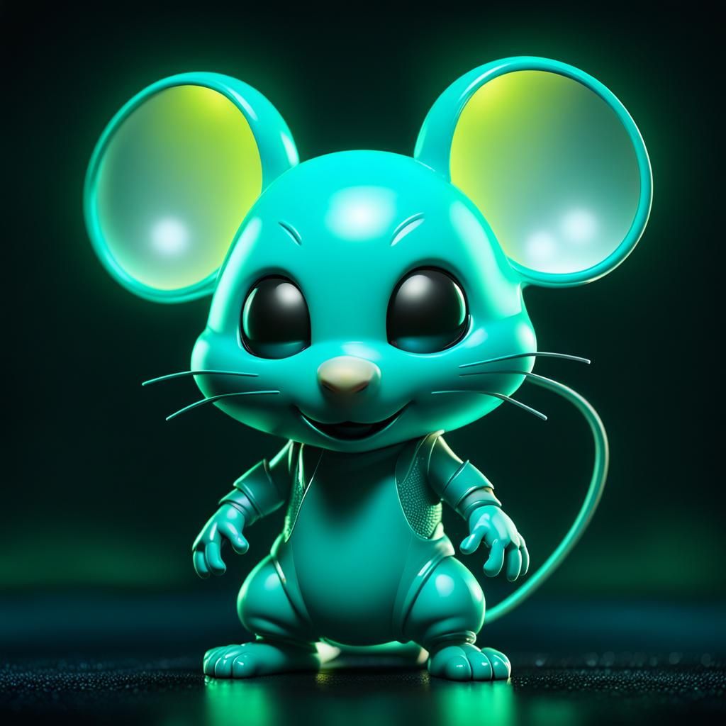 Glowing Aqua Chibi Mouse Hybrid in CGI Style