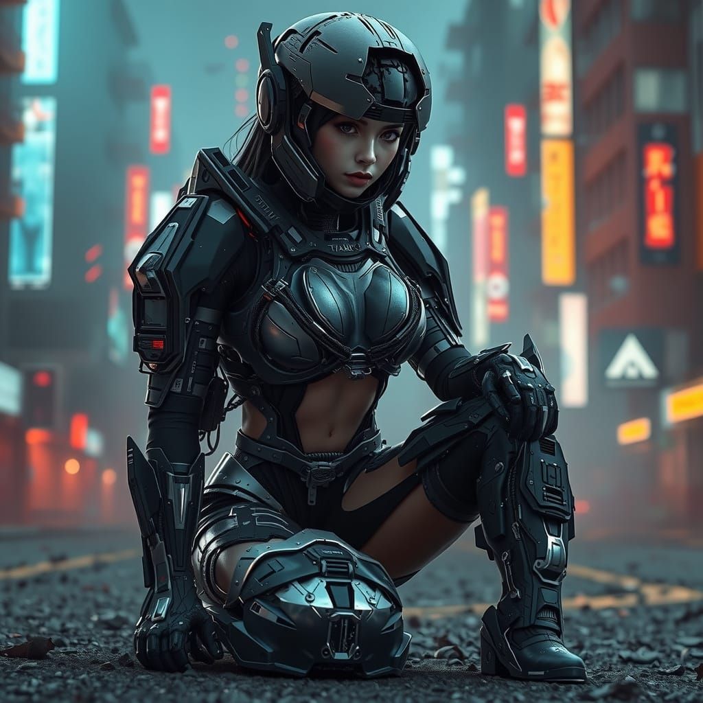 Futuristic Cyberpunk Warrior in Dystopian Ruins