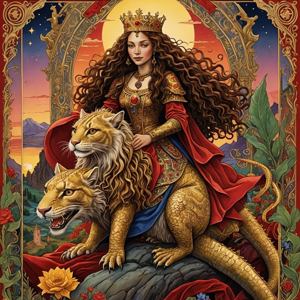 Fantasy Tarot Card: Princess Riding Lizard Cat