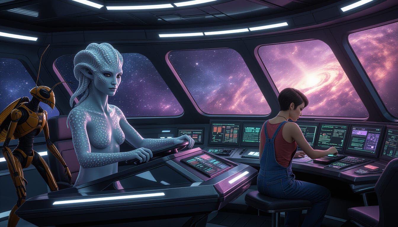 Alien Captain Steers Starship Deck with Insectoid Robot