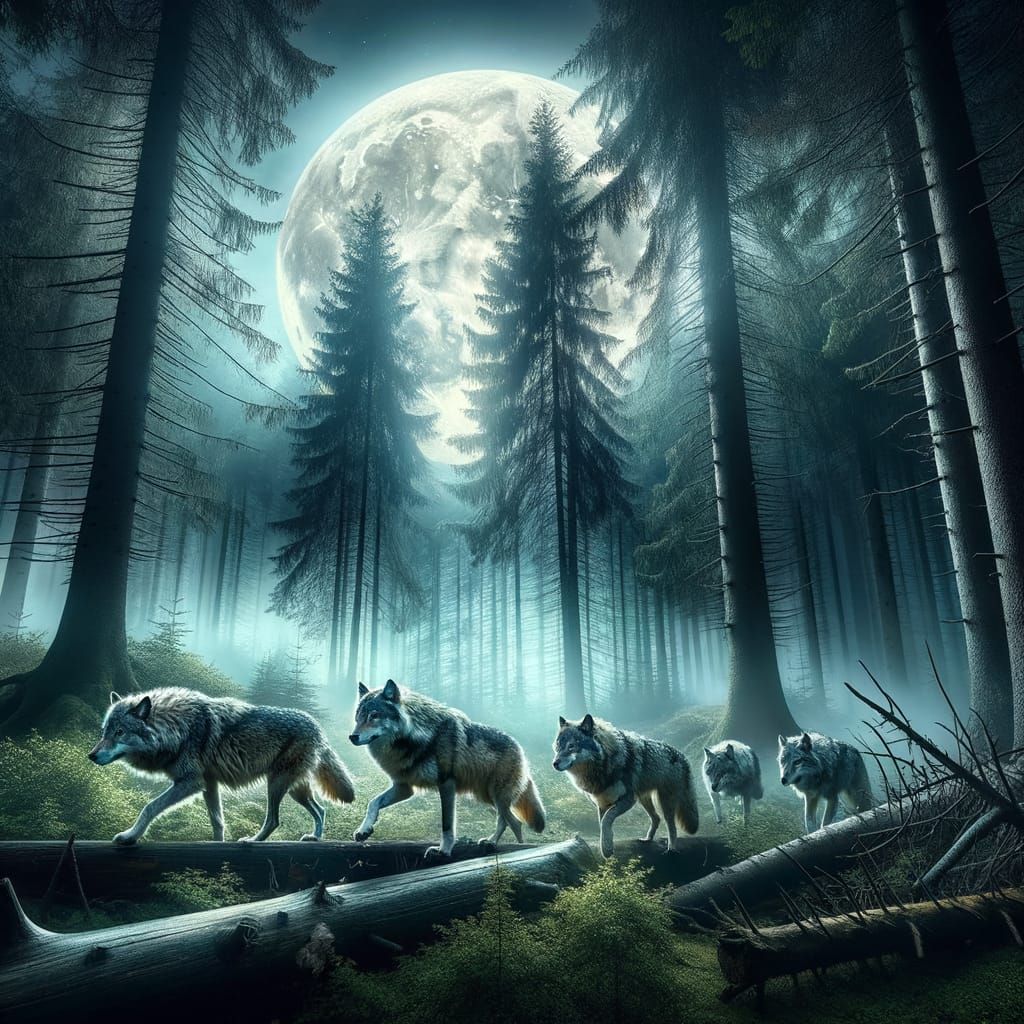 Moonlit Wolves Roam a Forest in Soft, Ethereal Light