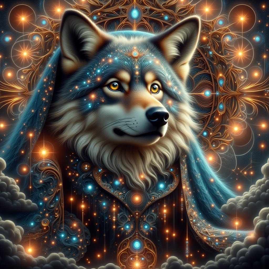 Ethereal Wolf in Fractal Cloak with Iridescent Eyes