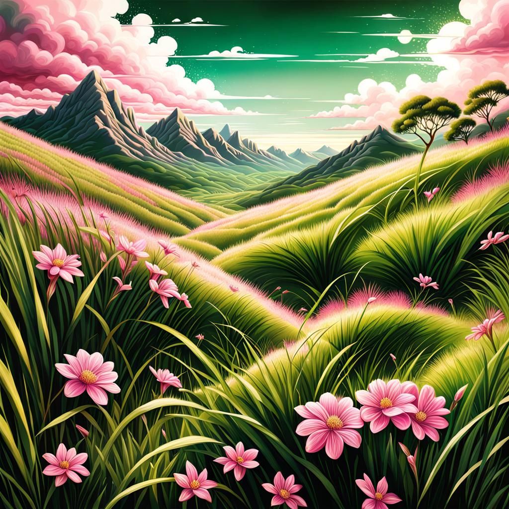 Hyperdetailed Green Meadow with Pink Flowers, Airbrush Art