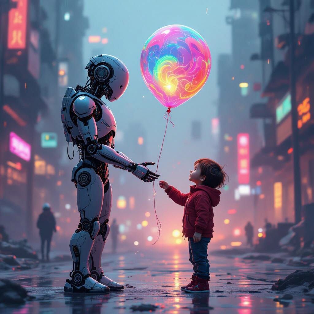 Cyborg Robot Offers Balloon in Dystopian Future