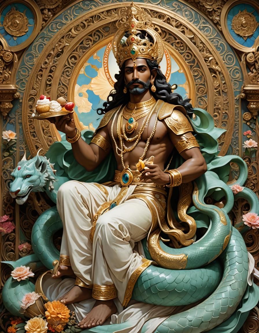 Vishnu Relaxes with Ice Cream, Alphonse Mucha Style