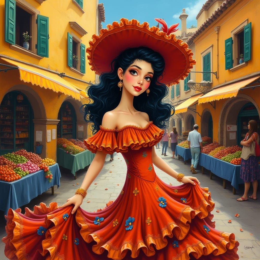 Vibrant Spanish Woman in Lively Market Scene