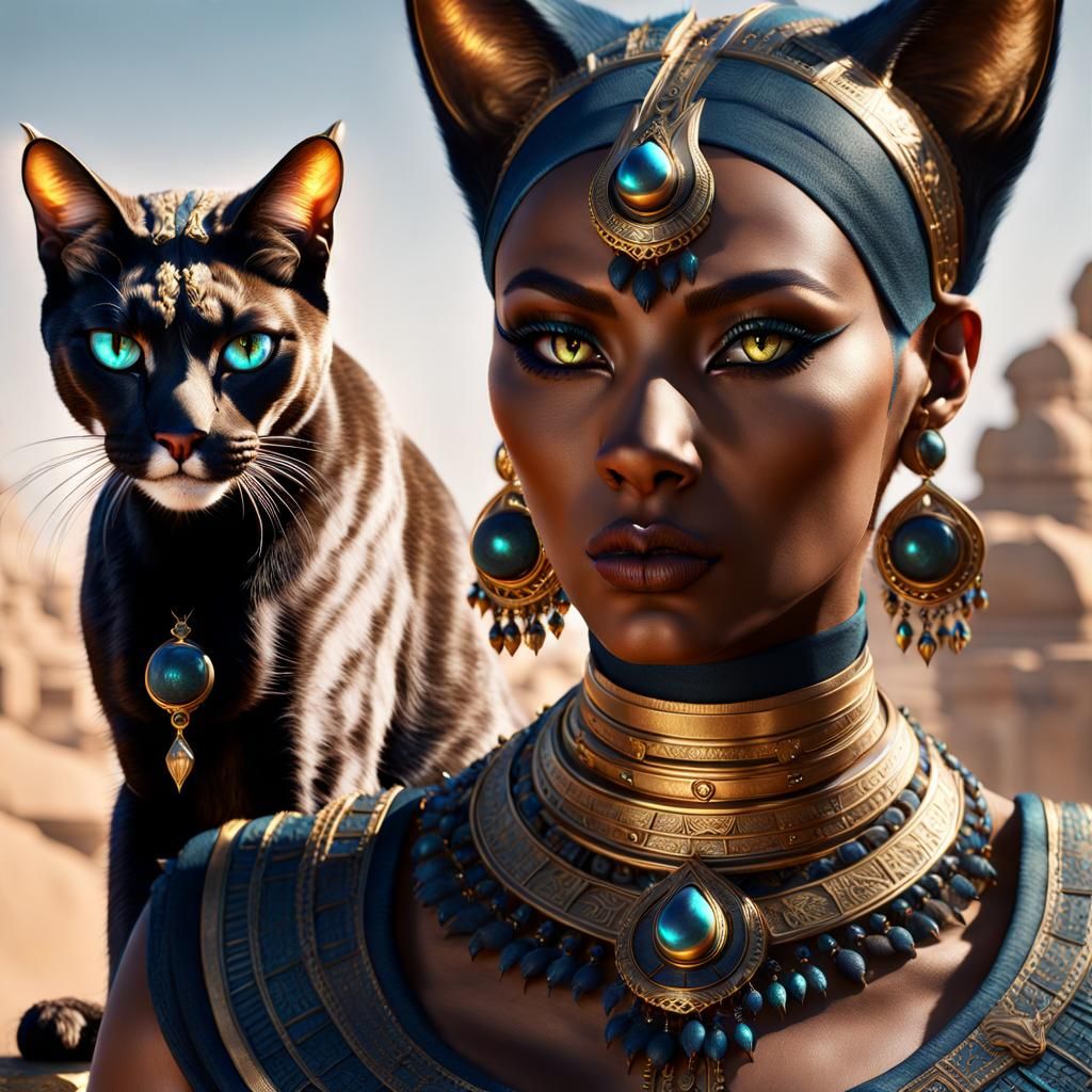 Goddess Bastet as Cat-Human Hybrid in Matte Painting