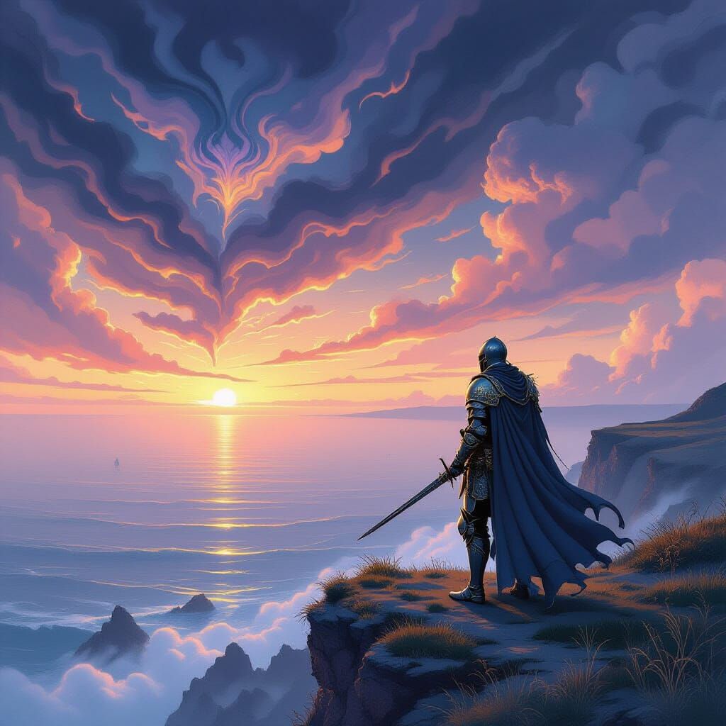 Knight on Cliff Overlooking Misty Ocean in Twilight