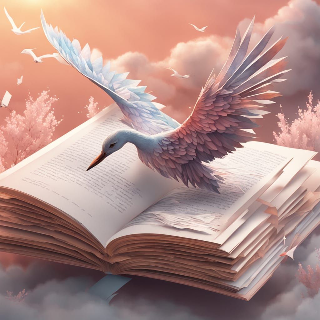 Whimsical 3D Anime Art of Unfolding Book Cranes in Soft Focu...