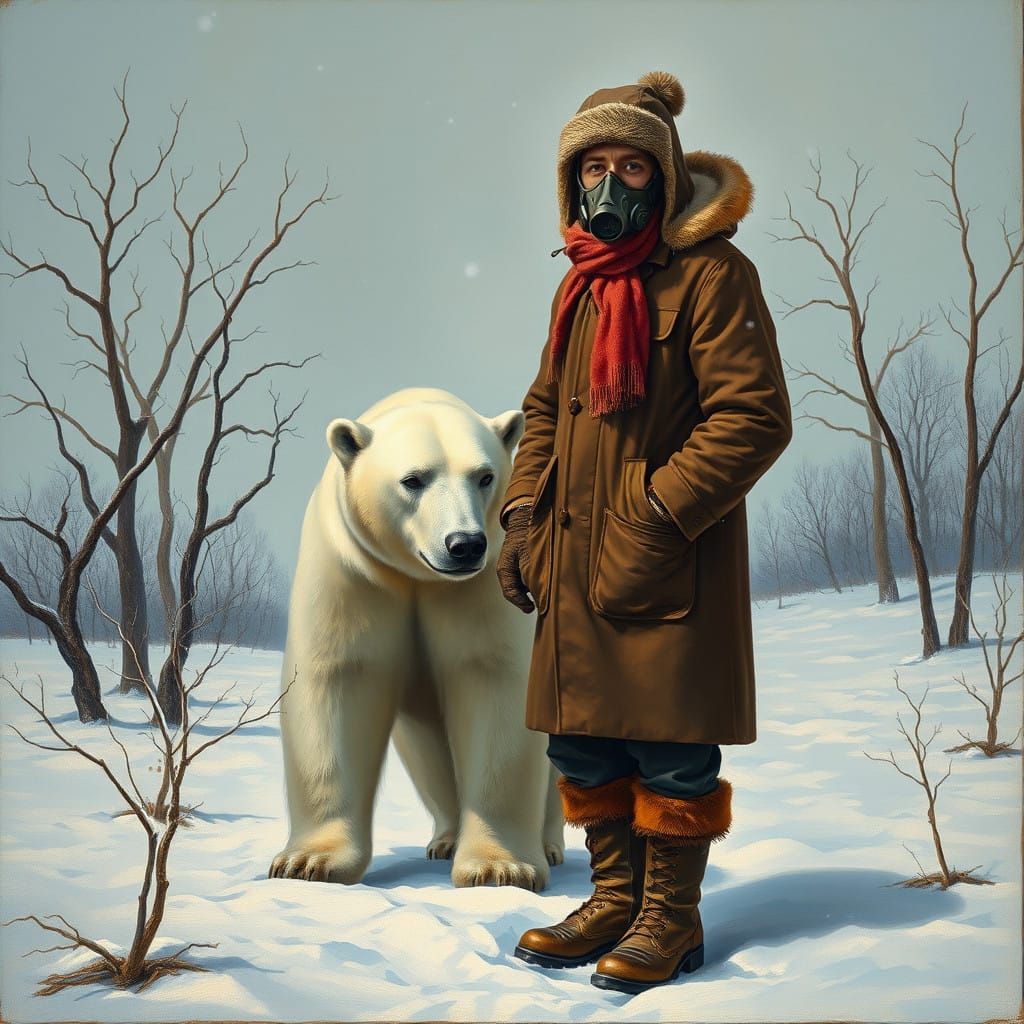 A Young Survivor Stands with a Polar Bear in a Barren Winter...