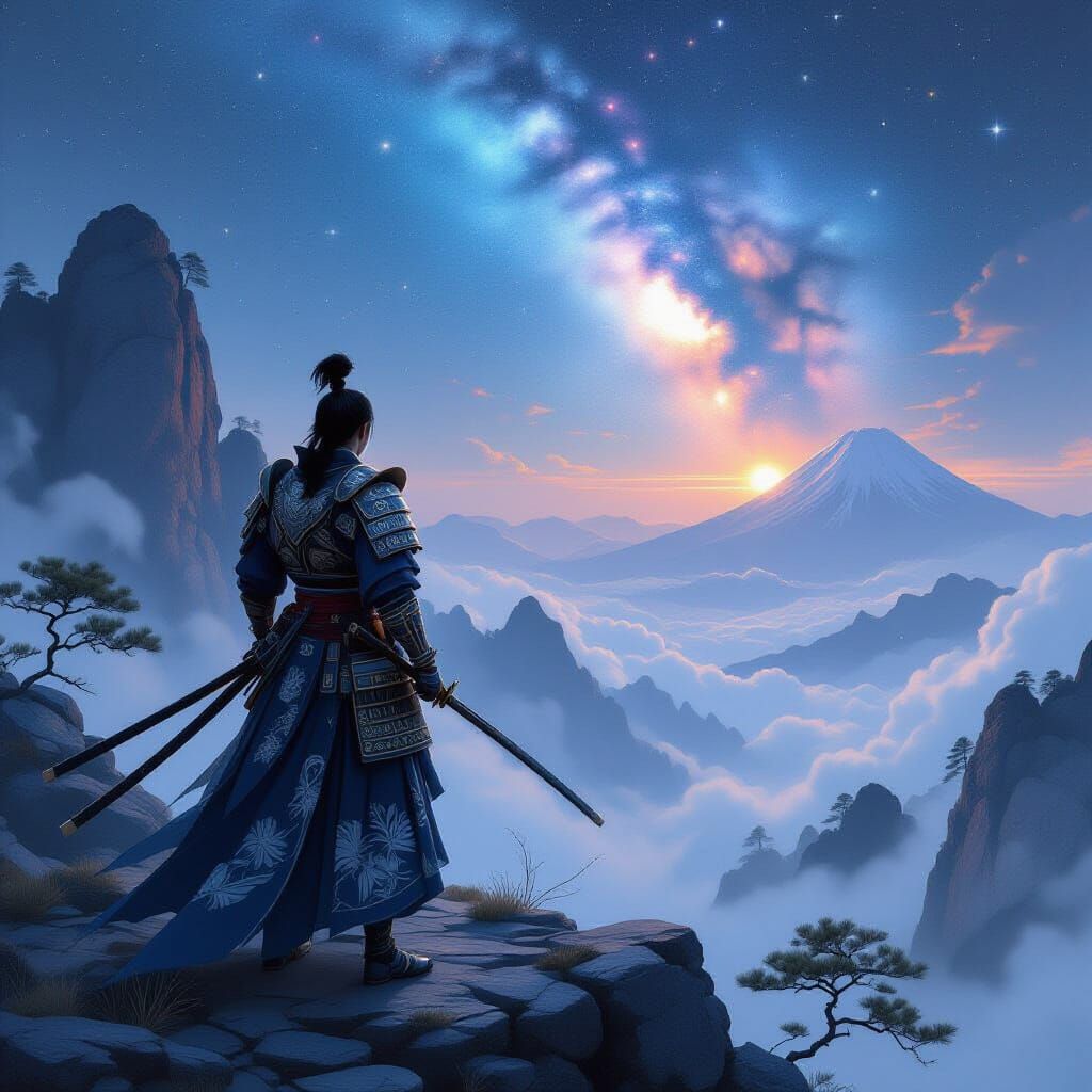 Samurai Warrior Gazes at Nebula on Misty Peak