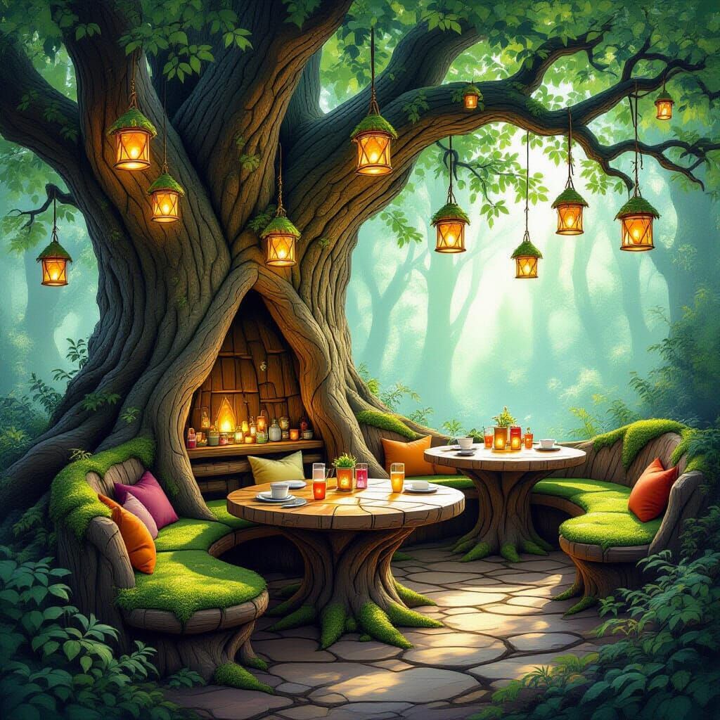Enchanted Forest Café Among Ancient Oak Trees