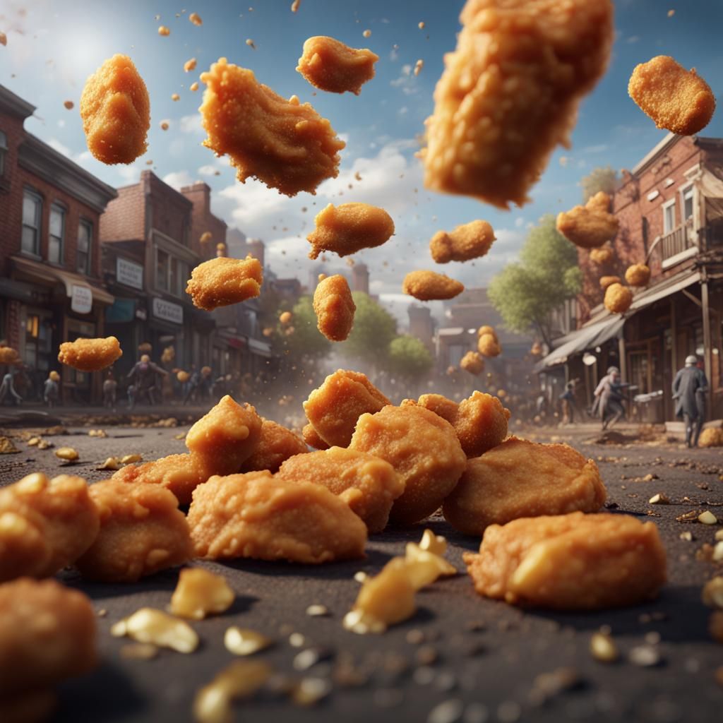 Chicken Nugget Rain: A Fantastical Town Scene