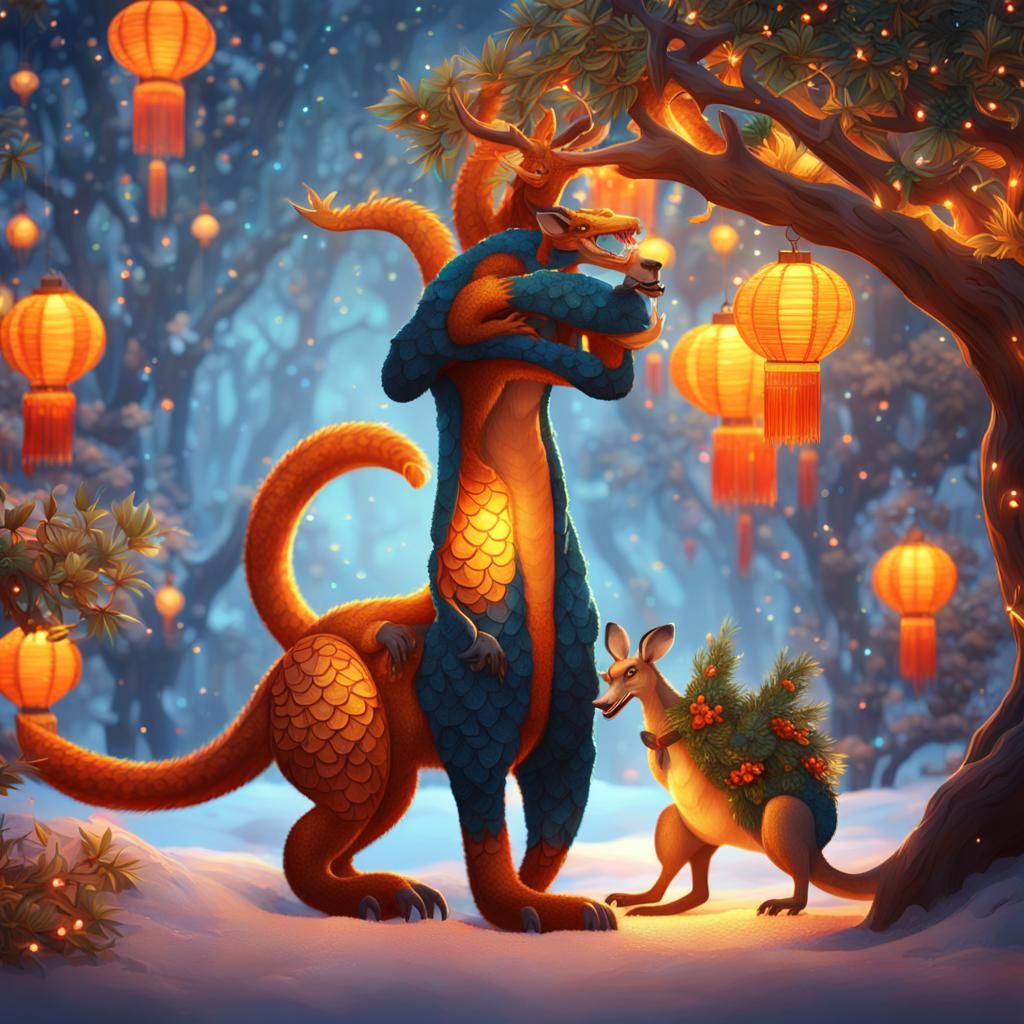 Cinematic Fantasy Christmas Scene with Chinese Dragon and Ka...