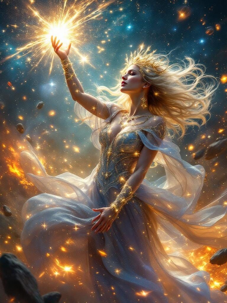 Celestial Empress Casting Starflare Spell in Cosmic Battle