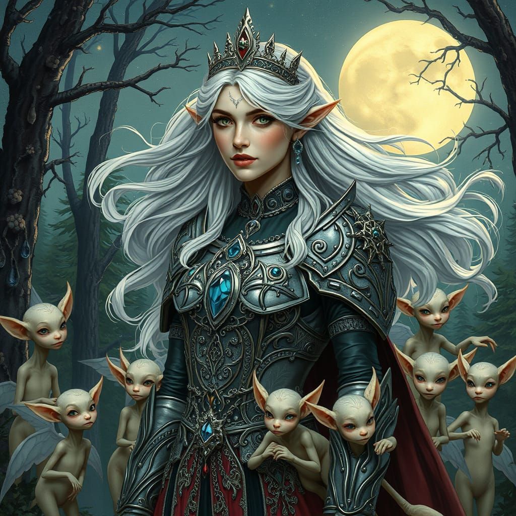 Ethereal Queen Surrounded by Whimsical Elves in Moonlit Fore...