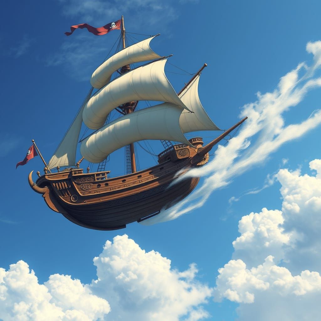 Majestic Skybound Pirate Ship in Whimsical Illustrative Styl...