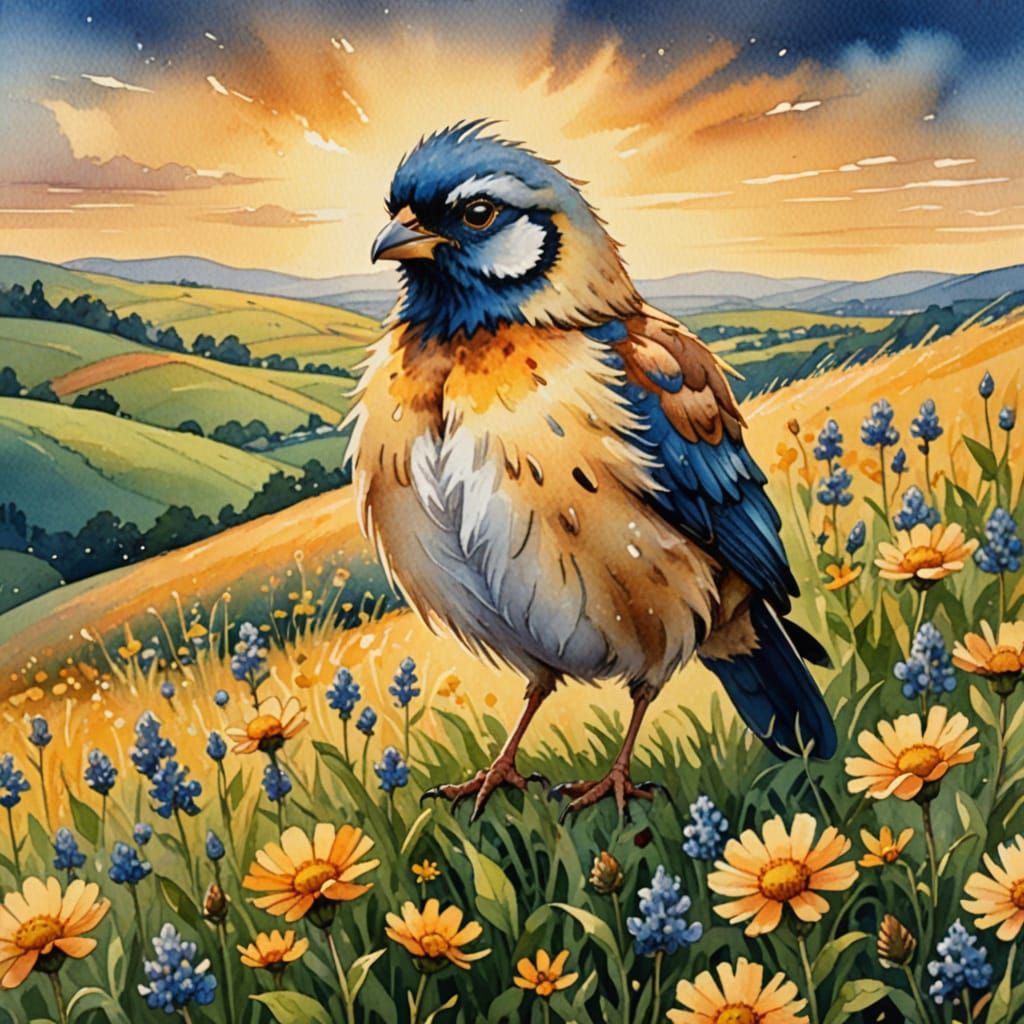 Grumpy Chick on Wildflower Hill in Watercolor