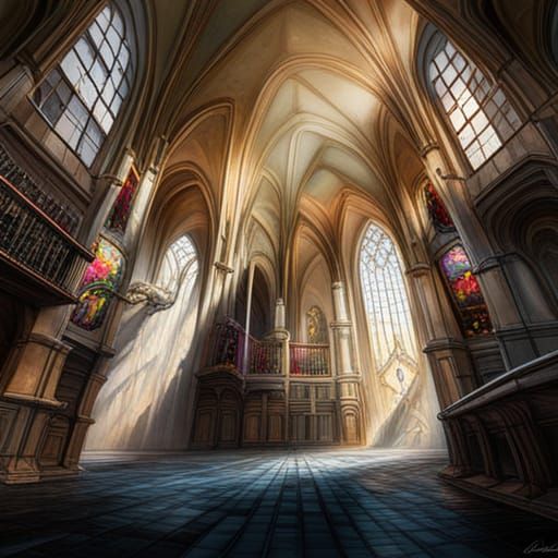 Gothic Nave with Gargoyles and Graffiti Art